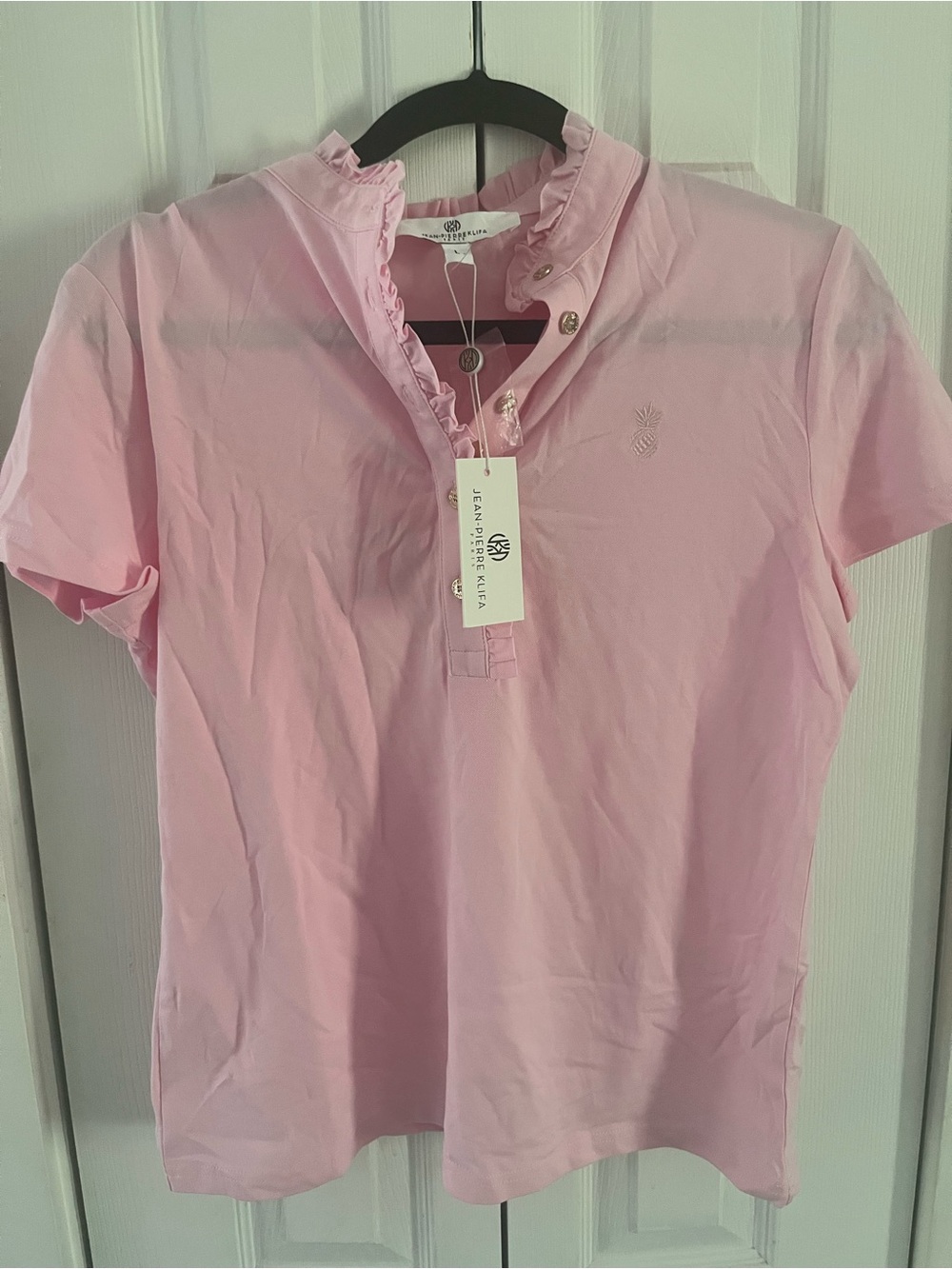 Jean Pierre Pink Short Sleeve Ruffle Polo Tee Cottonland size large NWT
